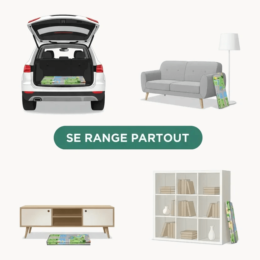 Tapis plie en 4 panneaux, range derriere un canape