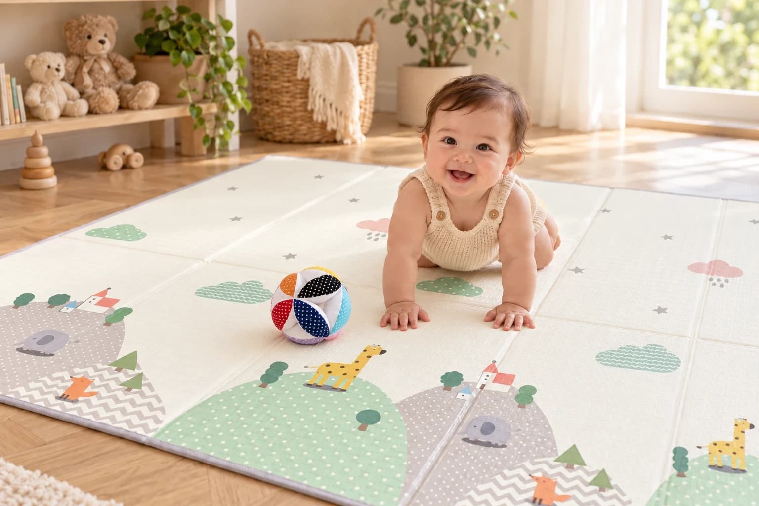 Un bébé à quatre pattes sur le grand tapis d'éveil Montessori déplié, dans une chambre lumineuse
